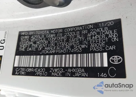 2021 Toyota Prius Prime Limited z USA, uszkodzony, nr VIN JTDKAMFP6M3174953